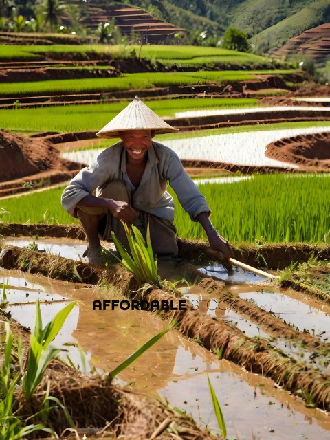A man wearing a conical hat is working in a rice paddock