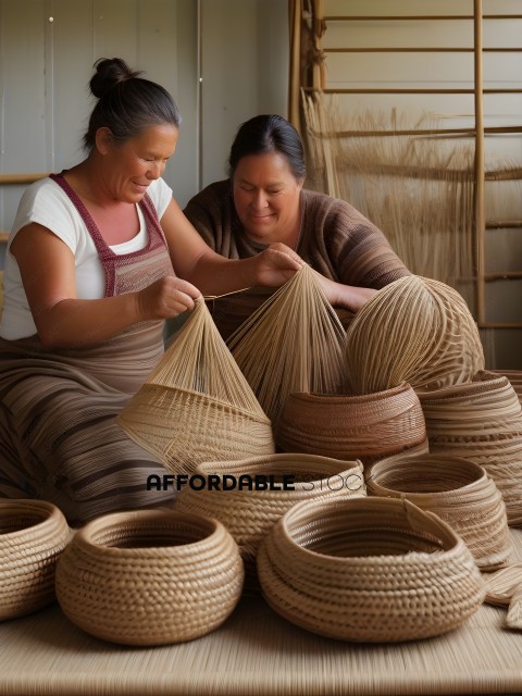 Two women weaving baskets