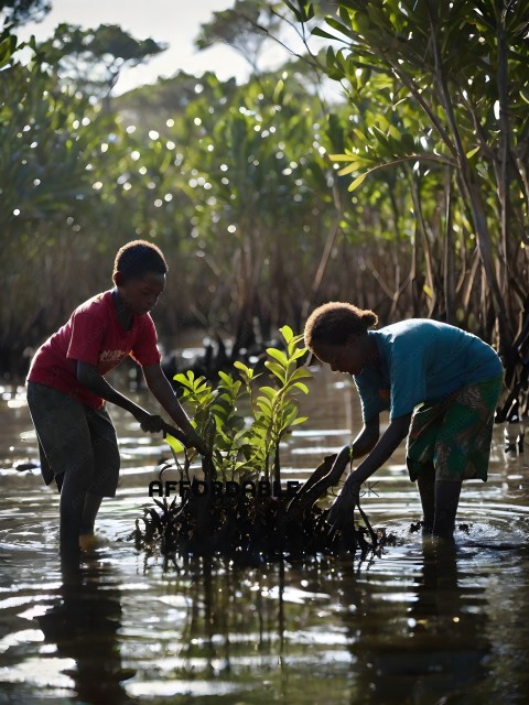 Two children planting a tree in a swampy area