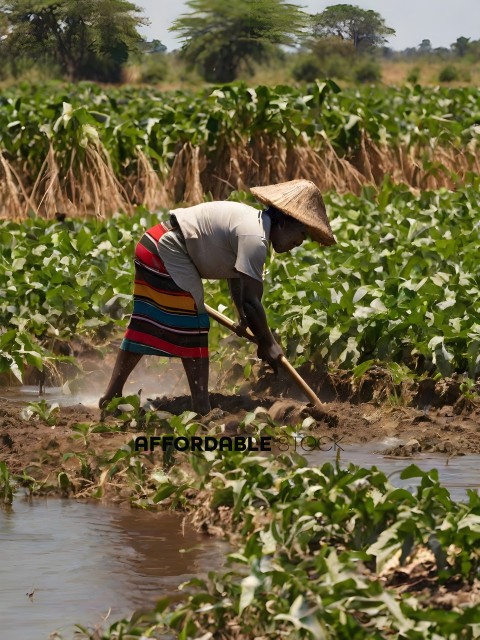 A person wearing a straw hat is working in a field