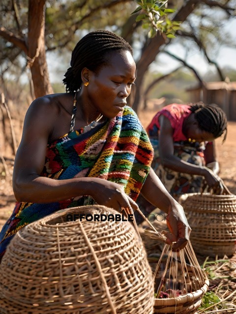 Two African women weaving baskets