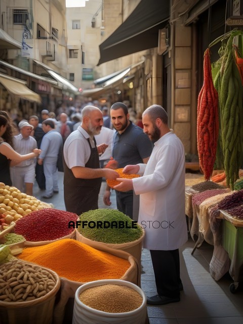 Men in white robes and aprons at a market
