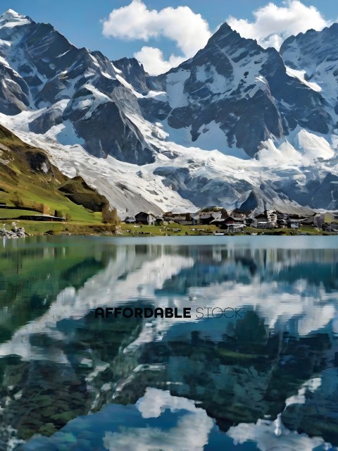Reflection of a mountain village in a lake