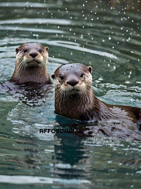 Two brown otters swimming in the water