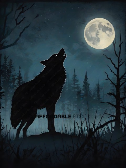 A black wolf howling at the moon in a forest