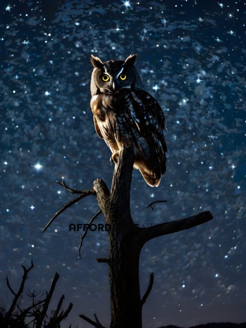 An owl perched on a tree branch at night