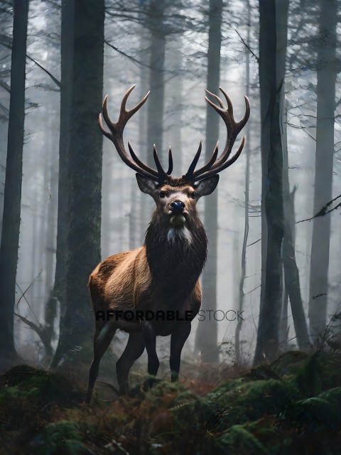 A deer with large antlers in a forest