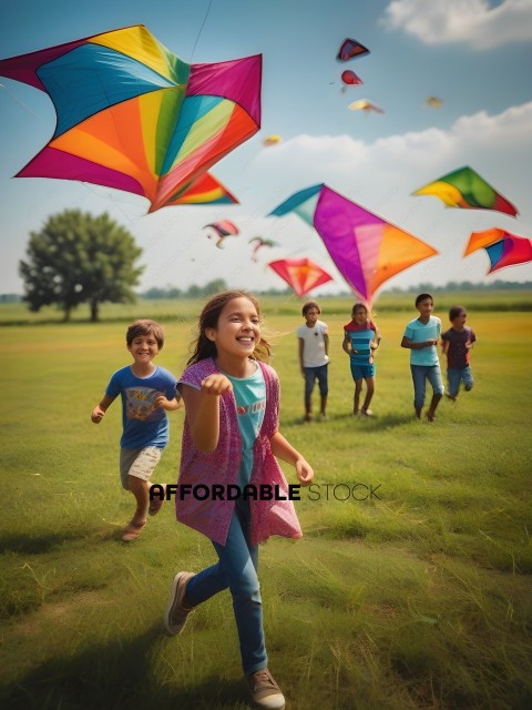 Children flying kites in a field
