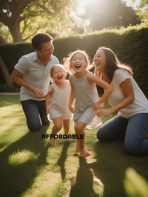 A family of four laughing together in a yard
