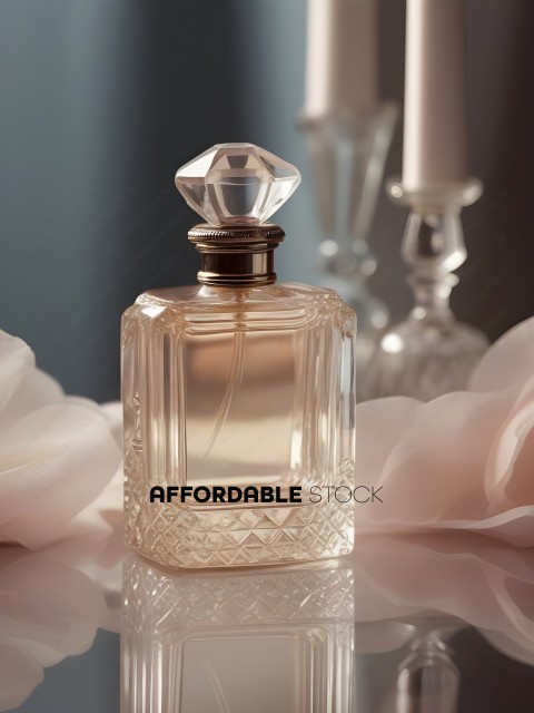 A clear glass bottle of perfume with a crystal stopper
