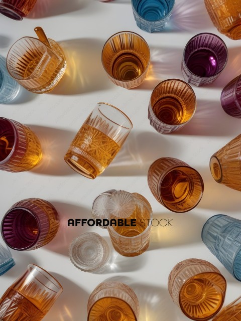 A collection of glasses with different designs and colors