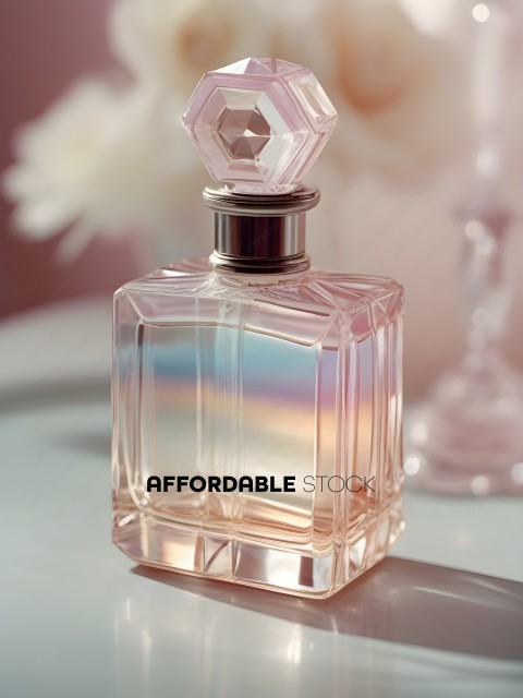 A pink perfume bottle with a crystal stopper