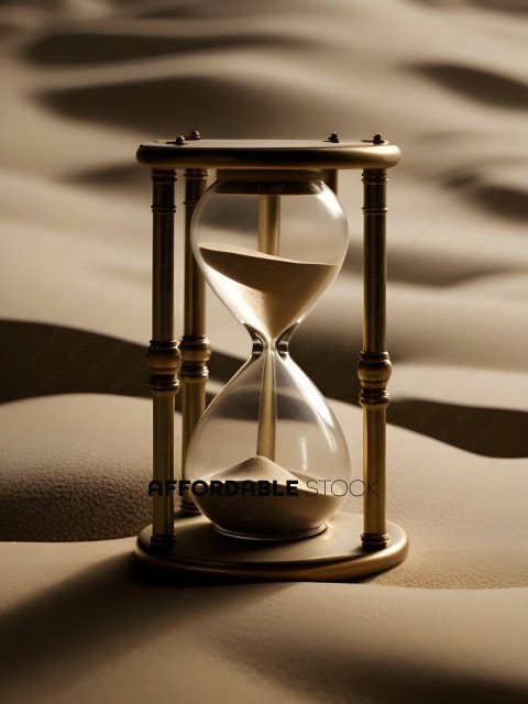 A golden hourglass with a tan sand background