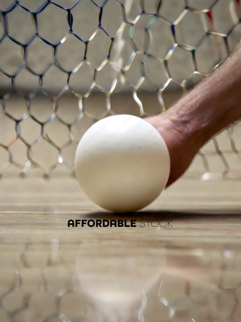 A person's foot is touching a white ball