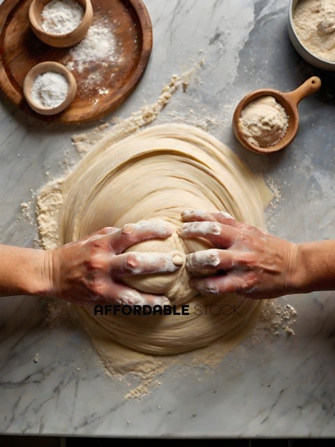A person is kneading dough with their hands