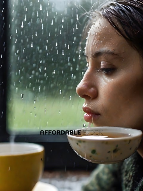 A woman drinking tea while it rains outside
