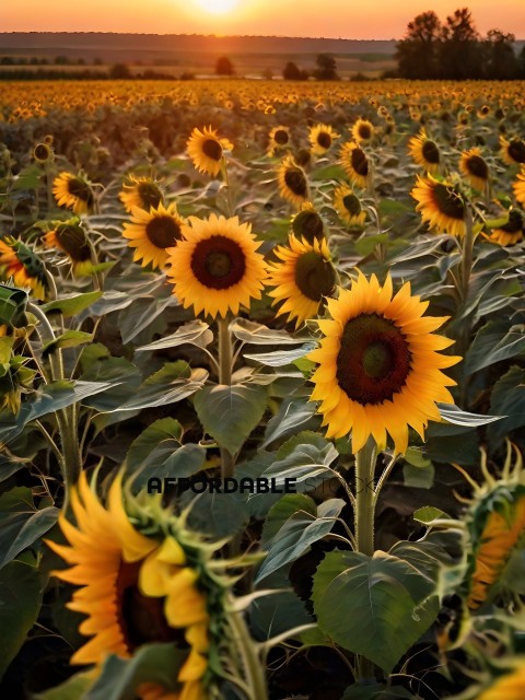 Sunflowers in a field with a sunset in the background