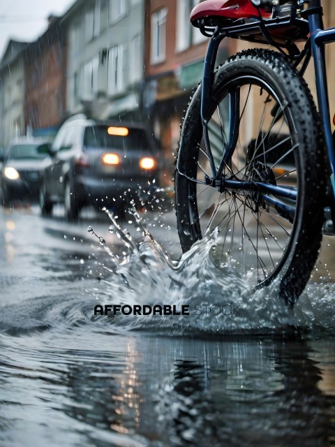 A bicycle wheel splashes water in the rain
