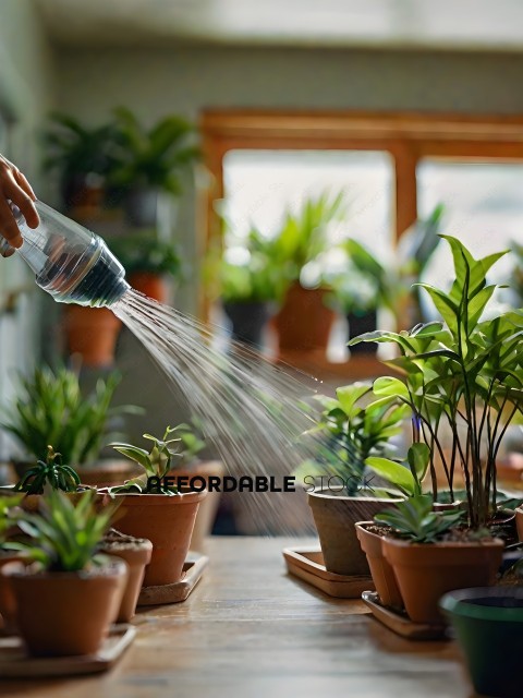A person watering potted plants with a water bottle
