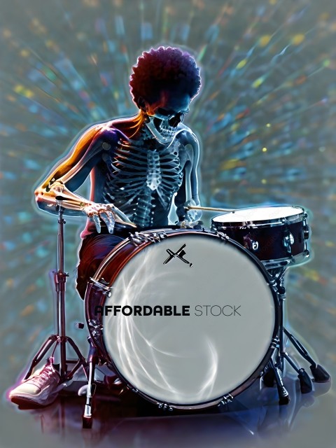 A skeleton drummer plays a drum set