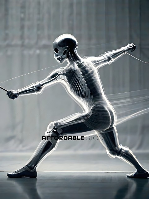 A skeleton is posed in a fighting stance