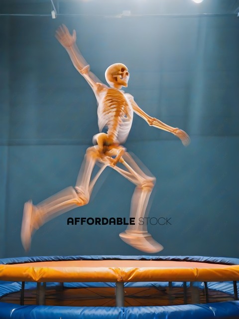 A skeleton is jumping on a trampoline