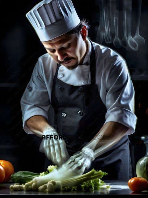 A chef wearing a black apron and white shirt prepares food