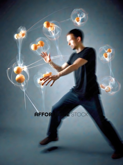 Man in black shirt juggling oranges