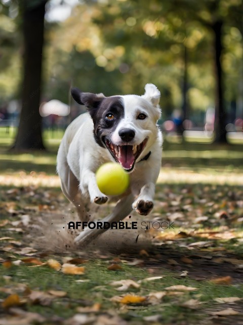 A white and black dog catching a yellow ball