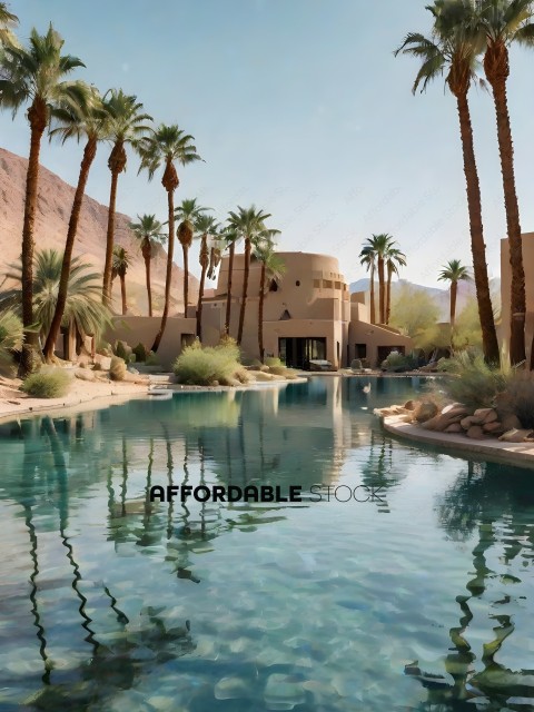A desert resort with a pool and palm trees