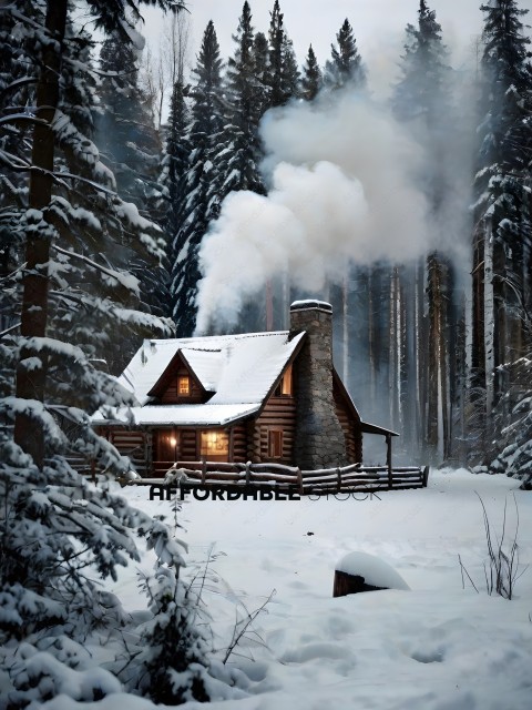 Snowy cabin with smoke coming out of chimney