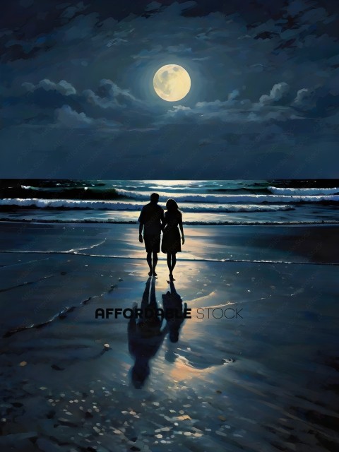 A couple walks on the beach at night under a full moon
