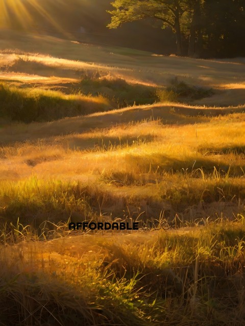 A field of dry grass with a sunset in the background