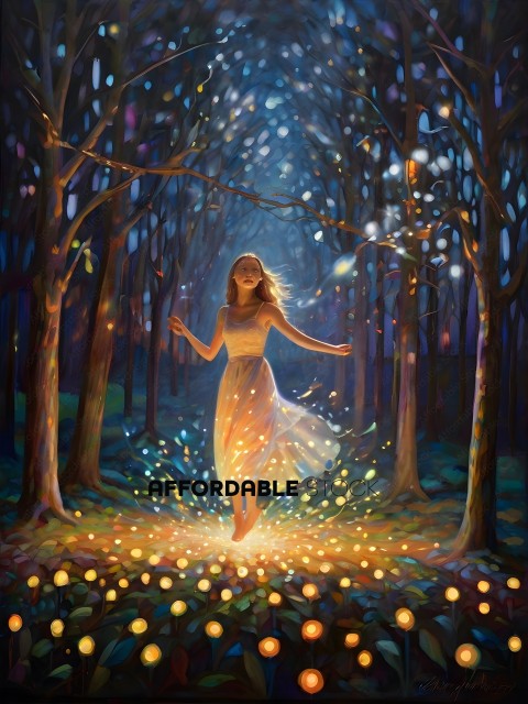 A woman in a white dress stands in a forest at night, surrounded by light