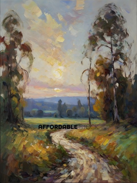 A painting of a country road with a sunset in the background