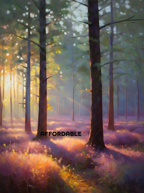 Painting of a forest with sunlight streaming through the trees