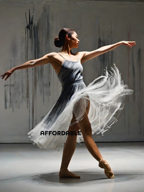 A ballerina in a gray dress dances in a studio