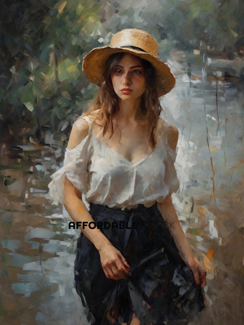 A woman in a hat and white blouse standing in front of a body of water