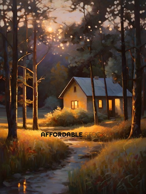 A painting of a house in the country with a path leading to it