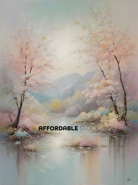 A painting of a river with trees and flowers