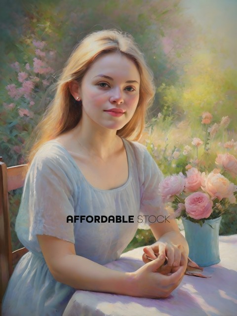 A young woman in a blue dress sitting at a table with flowers