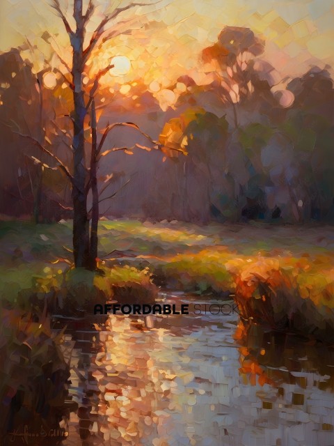 A painting of a stream with a tree and a sunset