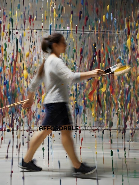 A woman in a white shirt and blue skirt walks through a room with a lot of paint on the walls