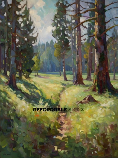 A painting of a forest path with a trail leading to the woods