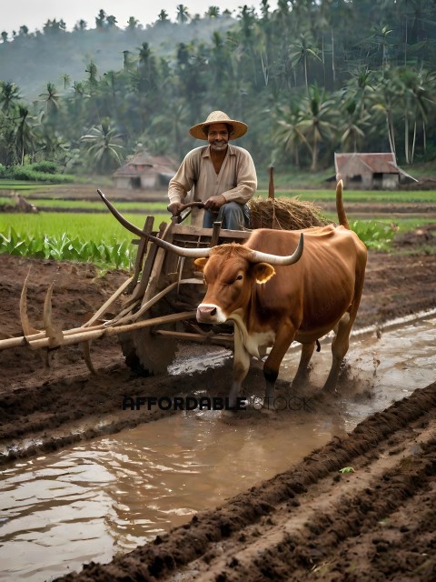 A man in a straw hat is pulling a cart with a brown cow