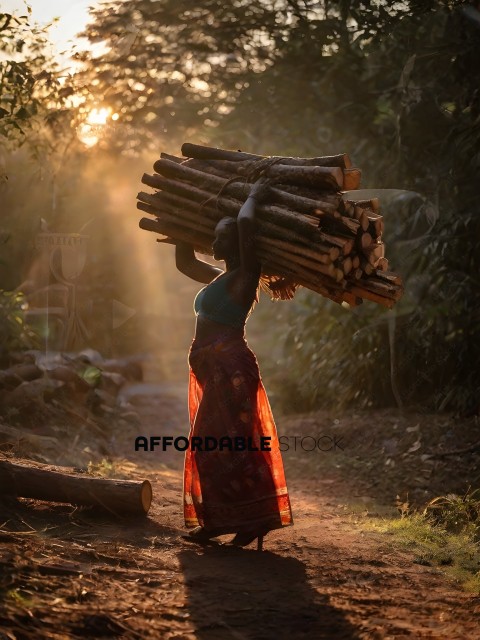 Woman carrying a large bundle of wood on her back