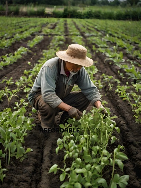 Man in a hat planting seeds in a field