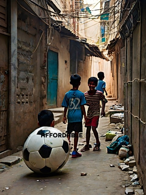 Three boys playing with a soccer ball in a poor neighborhood