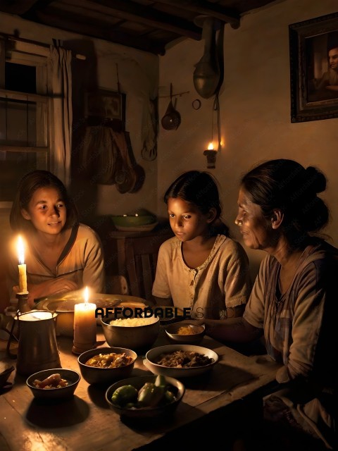 Three people sitting at a table with food and candles