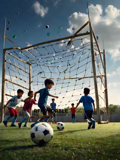 Children playing soccer in a field with a net